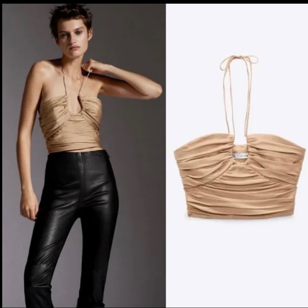 Zara satin nude gathered halter crop top
